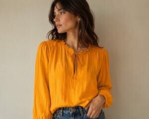 LR3509 LOFT Mustard Yellow Textured Peasant Blouse Medium Tie Neck Boho Top